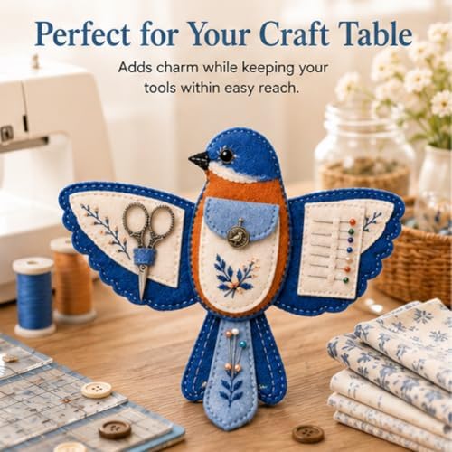 Bird-Shaped Felt Sewing Organizer DIY Kit, Handmade Needlepoint Embroidery Craft Set for Beginners Adults, Woodland Bird Design, Gift for Quilters, Charming Vintage Decor(Blue Jay) - Image 5