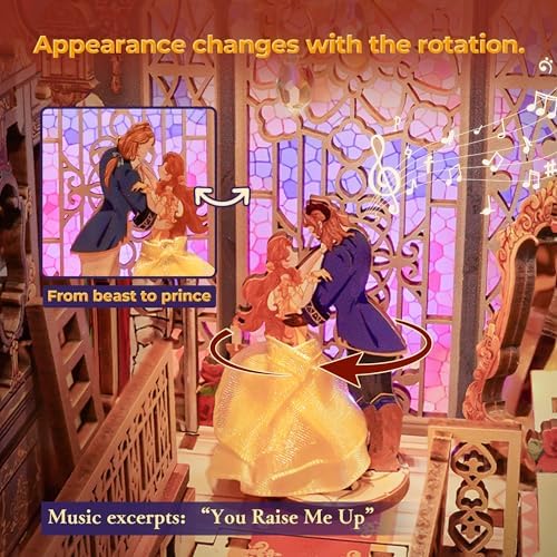 Tonecheer DIY Book Nook Kit for Adults, 3D Wooden Puzzle Music Booknook Miniature Dollhouse, Fairy Tale Bookend Bookshelf Decor with Dust Cover and LED Lights Gifts (Beast‌ and Beauty) - Image 3
