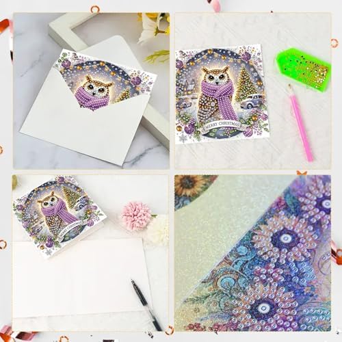 6Pcs Christmas Greeting Card DIY Diamond Art Painting Greeting Cards Blessing Folding Card Kit with White Envelopes Diamond Arts Crafts for Birthday Festival Gift-Owl - Image 2