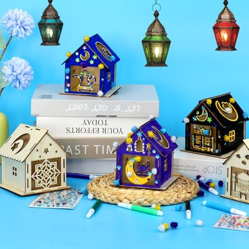 MUOUAKATE 9PCS Ramadan Crafts Wooden House with 24 Paint Pens, Ramadan Activities for aldults, Islamic DIY Ramadan Goodies for Eid Mubarak Gifts Favors Party Supplies Bulk Decorations - Image 3