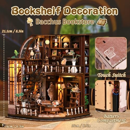 DIY Miniature House Kit, 3D Wooden Puzzle for Adults, Book Nook Kit with Touch LED Light, Library Bookshelf Insert, Creative Hobby Craft Gift for Bibliophiles (Bacchus Bookstore) - Image 2