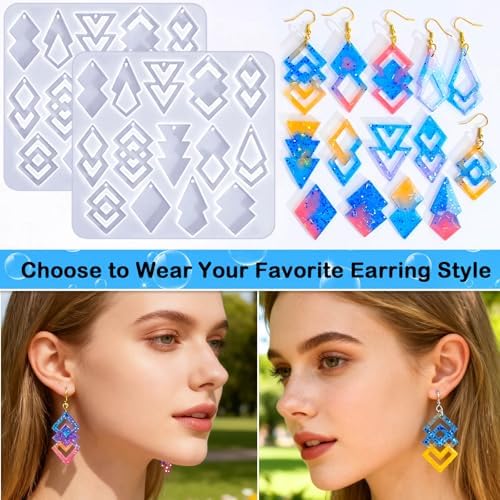 204Pcs Geometric Resin Earring Mold Kit - 4 Reusable Dual-Cavity Silicone Earring Molds for Epoxy Resin Jewelry Making with 200 Ear Hooks Jump Rings - Make Dangle Drop Charms, Keychains, Pendants - Image 6
