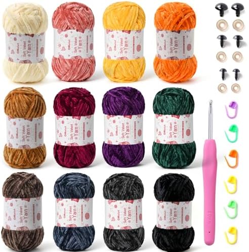 12 Pack Chenille Chunky Yarn - Baby Yarn for Crocheting Soft - Red Purple Green Pink Gray Blue Black White Velvet Yarns Crochet Blanket - Amigurumi Yarns Pack with Crochet Accessories F by OMoiut