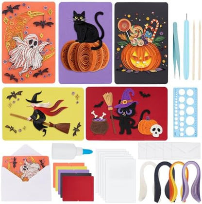 WEBEEDY 20 Sets Halloween Paper Quilling Kit for Adult Beginner 5 Styles Witches Pumpkins Ghosts Bats Black Cats Greeting Card Making Kit with Instruction Handmade Quilling Card for Halloween Decor by WEBEEDY