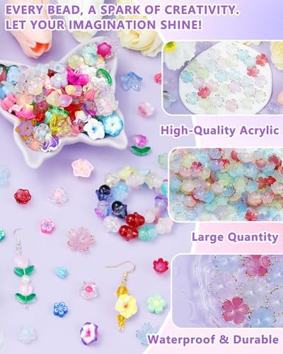 FIVEIZERO Flower Charms, 300Pcs 8 Colors Acrylic Cherry Blossom Beads - Image 3