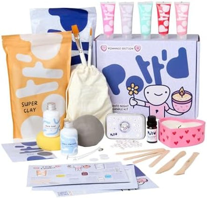 Pott'd Date Night Candle Kit – Romantic DIY Craft Kit for Couples. Includes Air-Dry Clay, Candle Wax, Paints, Tools, Fragrance Oil & Beads – Perfect for Valentine's Day, Anniversaries, or Date Nights by Pottd