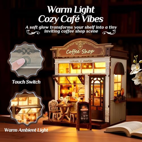Book Nook Kit, DIY Miniature House Kit for Adults & Teens, Cozy Coffee Shop Scene Bookshelf Insert Decor with LED, 3D Wooden Puzzle Gift for Book Lovers (Coffee Shop) - Image 3