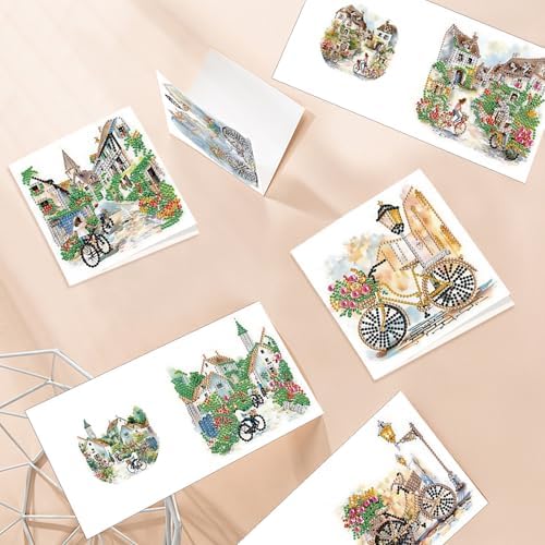 MVVMTOP 6pcs Diamond Art Painting Greeting Card, DIY House and Bicycle Diamond Art Greeting Card for Blessing and Wishe Special Shaped Diamond Arts Crafts for Birthday Thanksgiving Day - Image 7