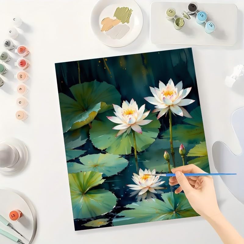 Botanical Paint by Numbers Kit for Adults - DIY Lotus Flowers and Lily Pads on Water Painting on Canvas 16x20 Inches, Acrylic Paint Set, Suitable for Beginners,Nature Art for Home Decoration - Image 3