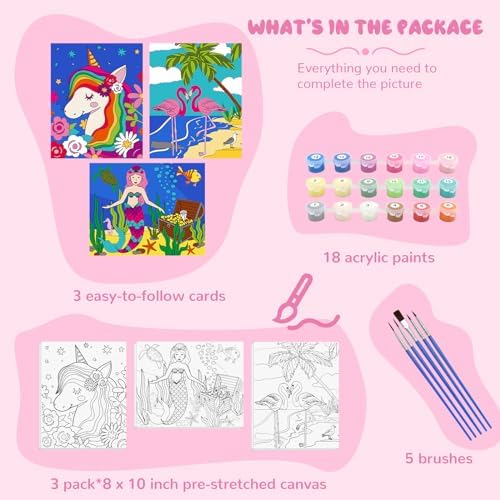 goldentime 3 Framed Canvas Paint by Numbers for Kids Ages 6 8 10 12 –Easy Paint by Numbers Kit for Kids and Adults –Unicorn Painting Kit for Girls, Mermaid Crafts for Girls Ages 6-8-12… - Image 2