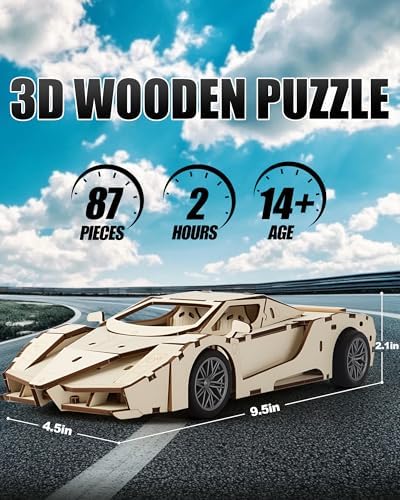 3D Wooden Puzzle Sports Car Model Kits for Adult to Build, 87Pcs - Image 2