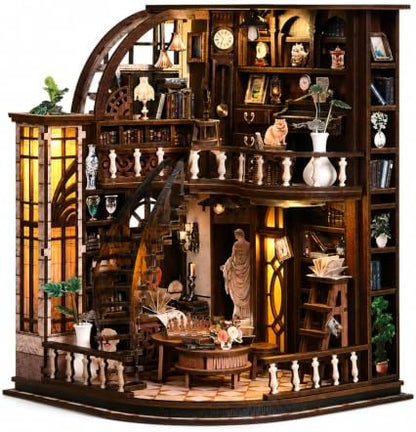 Book Nook Kit-DIY Miniature House for Adult and Teen Beginners, 3D Wooden Library Dollhouse with LED Light, Bookshelf Decor (Basque Study) by Kalawen