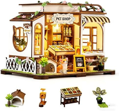 GuDoQi DIY Miniature House Kits, DIY Miniature Dollhouse Kit with Furniture, Tiny House Kits 1:24 Scale, Creative DIY Crafts for Adults, Christmas Day Birthday Gifts, Pet Shop by GuDoQi