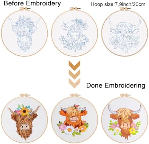 Louise Maelys 3 Set Highland Cow Embroidery Kit for Beginners Floral - Image 3