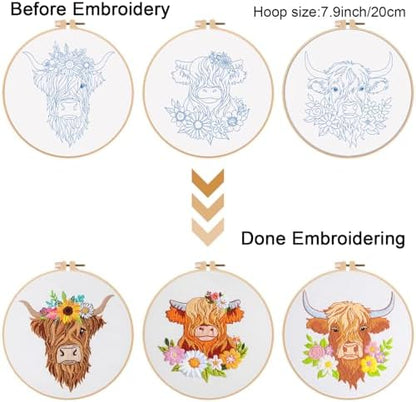 Louise Maelys 3 Set Highland Cow Embroidery Kit for Beginners Floral - Image 3