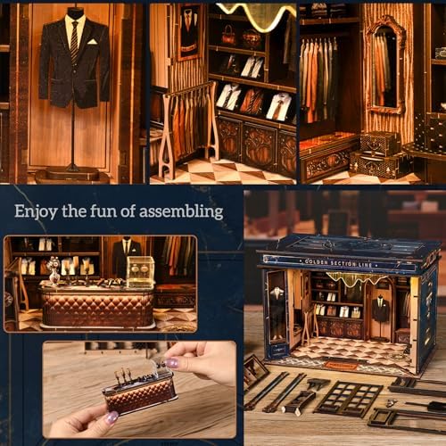 Book Nook Kit, DIY Miniature House Kit for Adult and Teens, 3D Wooden Puzzle Booknook Bookshelf Decor with LED Lights, Gift for Family, Friends, Father's Day, Age 14+ (Golden Section Line) - Image 4