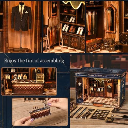 Book Nook Kit for Adults, Teens and Beginners, DIY Miniature Gentleman’s Clothing Store Bookend with LED Light, Wooden 3D Puzzle Bookshelf Decor, Creative Gift – Golden Section Line - Image 3