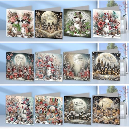 jinglinhh 12pcs Diamond Art Painting Christmas Snowman Village Greeting Cards with Envelopes, DIY Card Making Kits for Adults, Diamond Art Christmas Cards for Holiday Gifts - Image 6