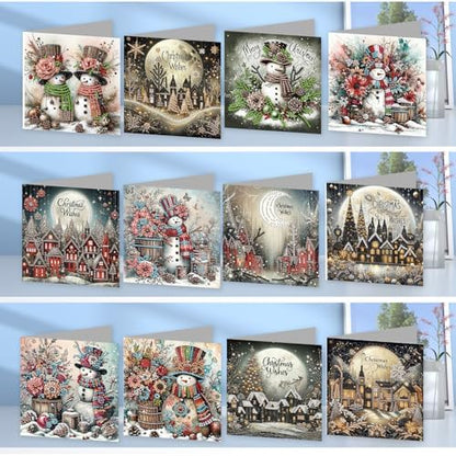 jinglinhh 12pcs Diamond Art Painting Christmas Snowman Village Greeting Cards with Envelopes, DIY Card Making Kits for Adults, Diamond Art Christmas Cards for Holiday Gifts - Image 6