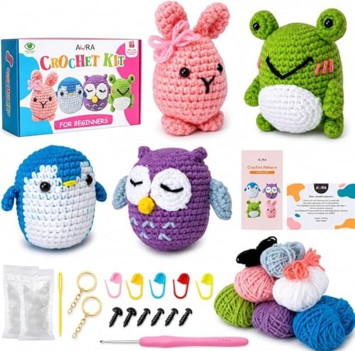 A-URA Learn to Crochet Kit for Beginners Kids and Adults, Premium 4 Animal Pattern Beginner Crochet Kits with Easy Tube Yarn & Step-by-Step Video Tutorials (Forest Friends–Standard Size) by AURA
