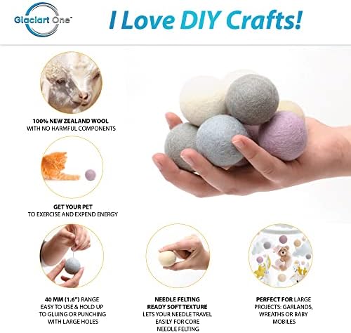 Glaciart One Felt Balls, Felt Pom Poms (10 Pieces) 4 Centimeters - 1.6 Inch, Handmade Felted 5 Pastel Lilac Colors Balls for Cats, Felting and Garland - Image 2
