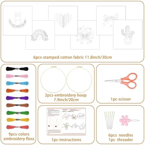 BEUNITONE 6Pcs Easy Embroidery Kit for Adults Beginners, Simple Cross Stitch Starter Set for Beginners, Cute Animal Rainbow Butterfly DIY Craft Activity for Home Decor and Festival Gifts 20x20cm - Image 2