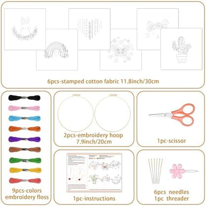 BEUNITONE 6Pcs Easy Embroidery Kit for Adults Beginners, Simple Cross Stitch Starter Set for Beginners, Cute Animal Rainbow Butterfly DIY Craft Activity for Home Decor and Festival Gifts 20x20cm - Image 2