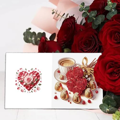 6 Pcs Diamond Painting Greeting Cards Kit Champagne Coffee Tulip Rose Flower with Envelopes, 5D DIY Special Shaped Rhinestone Art Card Making Kits for Adults, Holiday Blessing Postcards Craft Gifts - Image 2