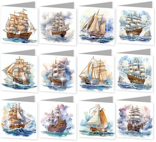 jinglinhh 12pcs Diamond Art Painting Sea Sailing Boat Greeting Cards with Envelopes, DIY Card Making Kits for Adults, Diamond Art Christmas Cards for Birthday Holiday Gifts by Unknown