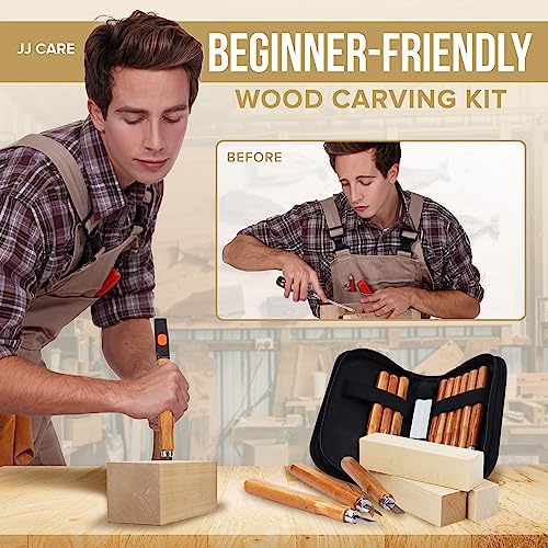 JJ CARE Wood Carving Kit, 24pcs Wood Whittling Kit with 12 SK2 Steel Carving Knives, 10 Basswood Blocks, 1 Grinding Stone & Storage Case, Gift Set for Beginners & Adults - Image 2
