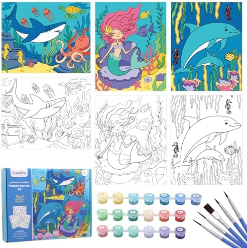 goldentime 3 Pack Kids Paint by Numbers Ages 4-8-12 Includes 8x10 inch Framed Canvas with 19 Acrylic Paints, 5 Brushes Fun and Easy Predrawn Canvas for Painting Kids by Goldentime