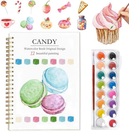 Easy Watercolor Workbook for Beginners - 12 Beautiful Step-by-Step Paintings Water Coloring Book, Includes 16 Colors Paints, Relaxing Art Projects and Creative Gift for Adults & Teen (Candy) by Yangmics+Direct