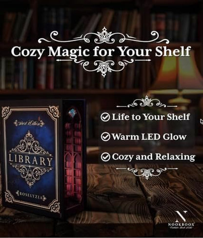 Book Nook Kit – NOOKBOOX by ROSELYZIA – DIY Miniature Dollhouse 3D Wooden Puzzle with LED Light – Bookshelf Decor Gift for Adults & Teens – Navy Blue - Image 3