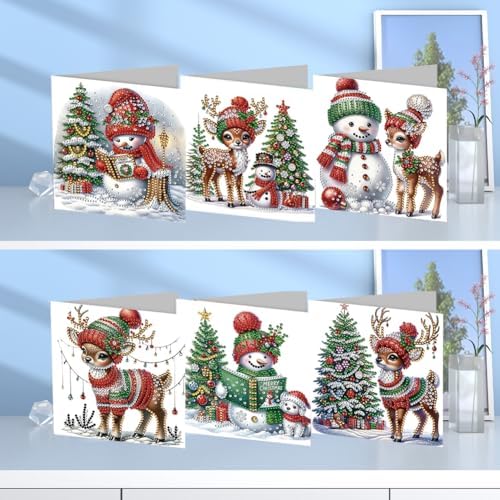 6 pcs Diamond Art Painted Greeting Cards, Moose Snowman 5D DIY Special Shape Diamond Card Creative Gifts, Christmas Thanksgiving Greeting Card Congratulation - Image 3