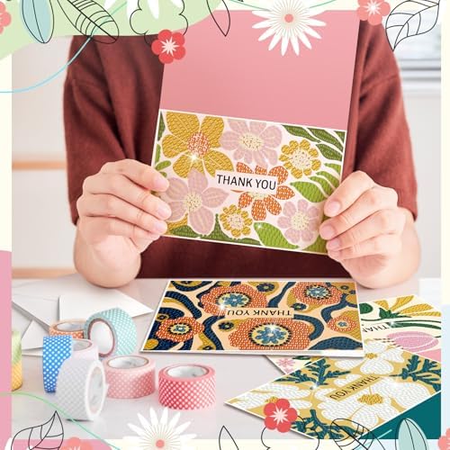 Saillong 12 Pack Thank You Diamond Painting Greeting Card Kit DIY Spring Flower Diamond Art Cards with Envelope Teacher Appreciation Gift 5D Rhinestones Painting Making Kit for Adult Teacher DIY Craft - Image 3