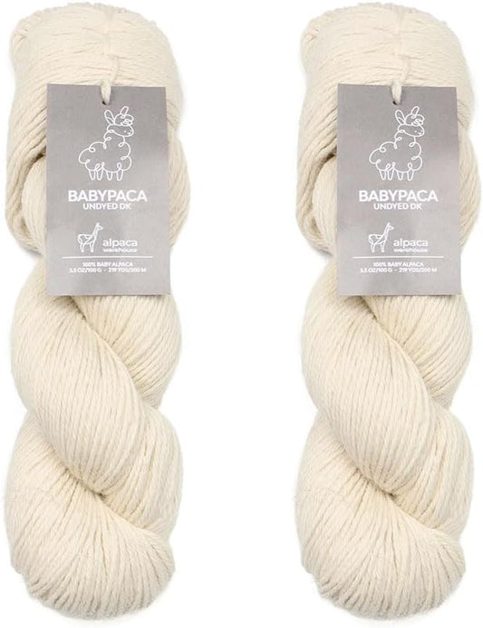 100% Baby Alpaca Yarn Wool Bare Yarn Wool Undyed 2 Hank Set (200 Grams) DK Weight - Made in Peru - Heavenly Soft and Perfect for Knitting and Crocheting (Ivory, DK Hank Undyed)