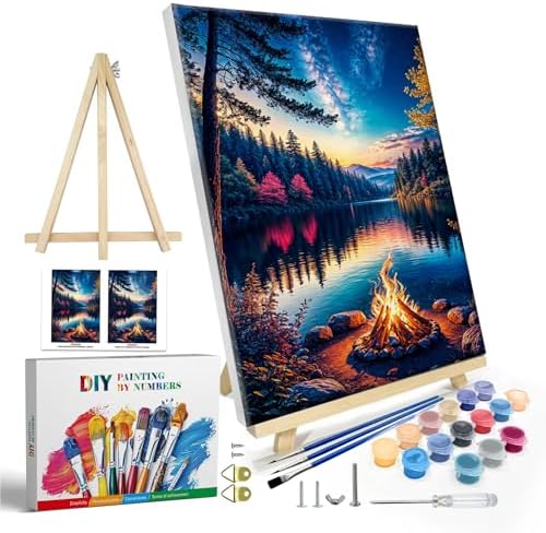 JOOZ Paint by Numbers Kit for Adults with Frame, Lake Landscape Paint by Number with Easel, DIY Sunset Landscape Acrylic Oil Painting Kit for Home Wall Decor 8x12 Inch by Jooz