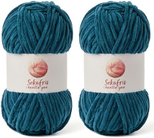 Chenille Yarn for Crocheting Size 5 Bulky Yarn 2 Pack Denim Blue by Sekafris