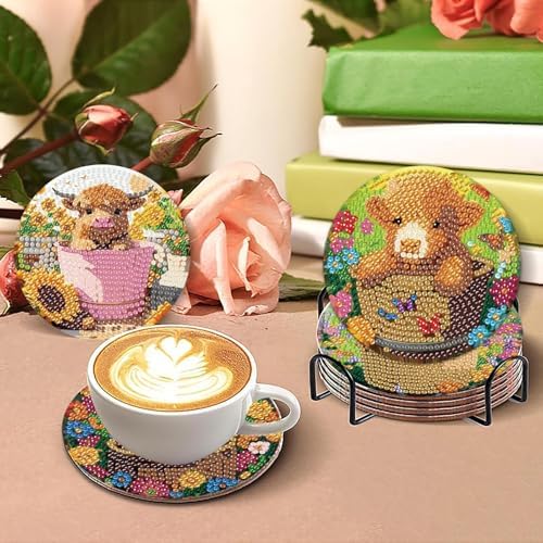 8 Pcs Highland Cow Diamond Art Coasters with Holder, DIY Diamond Painting Coasters Kits for Adults Beginners, Cow Diamond Art Coasters for Drinks, Non-Slip Heat Resistant Coasters Home Decor Gifts - Image 4