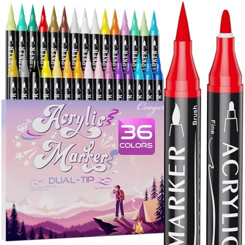 36 Colors Dual Tip Acrylic Paint Markers,Fine Tip and Brush Tip Permanent Acrylic Paint Pens For Rock Painting, Canvas, Wood, Glass, Ceramic, Fabric, Plastic, Egg, Scrapbook,Art Painting Supplies Kit by CoogertMarkers
