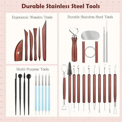 36PCS Pottery Tools and Supplies, Ceramic Polymer Tools Kit, Clay Tools Sculpting Set for Pottery Kiln, Pottery Wheel, Carving, Shaping, Dotting, Molding, Modeling, Air Dry Clay, Crafting Supplies - Image 3