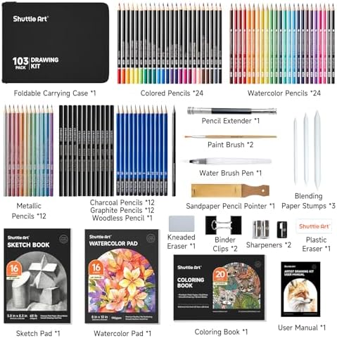 Shuttle Art 103 PCS Drawing Kit, Professional Drawing Supplies with Sketch, Charcoal, Colored, Graphite, Pastel Pencils & Sticks, Complete Drawing Tools and Paper Pads in Zipper Case for Artists&Kids - Image 2