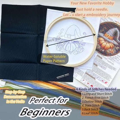 FONNUY Pumpkin Embroidery Kit for Beginners, Pre-Stamped Pattern Kits for Adults with Hoop, Easy to Follow Color Thread Needlework, 8'' Hoop (Witch Hat 1) - Image 5