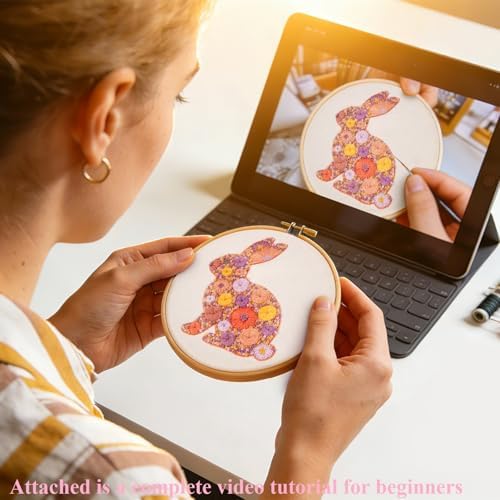 Easter Embroidery Kits for Beginners Adults, Flowers Bunny Embroidery Kits, Hand Stamped Cross Stitch Kits for Beginners Adults & Women Easter Gifts, Entire Set of Embroidery Supplies & Video Tutorial - Image 5