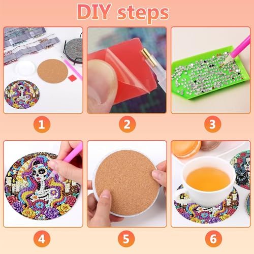 hkejoi Skull Diamond Art Coasters Kit for Adults, 8 Pcs Skull Diamond Painting Coasters with Holder, 5D Gem Art, DIY Crafts Diamond Dots for Gift Home Decor - Image 7