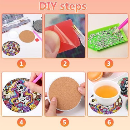 hkejoi Skull Diamond Art Coasters Kit for Adults, 8 Pcs Skull Diamond Painting Coasters with Holder, 5D Gem Art, DIY Crafts Diamond Dots for Gift Home Decor - Image 7