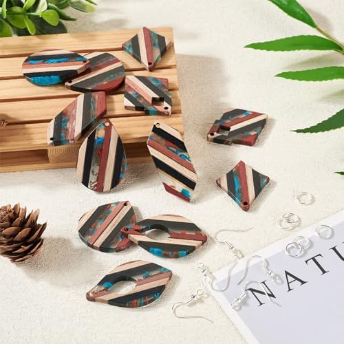 FASHEWELRY Striped Resin Wood Earrings Charms Rhombus Teardrop Kite Wooden Earring Blanks Earring Findings Wooden Earring Pieces for Jewelry Making, 52pcs/box - Image 6