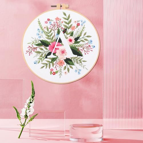 IUHUI Embroidery Kit for Beginners Adults - 26 Floral Letters Easy Patterns, DIY Hand Stitching Embroidery Set with Hoop (Flower and Grass Letter A) - Image 2