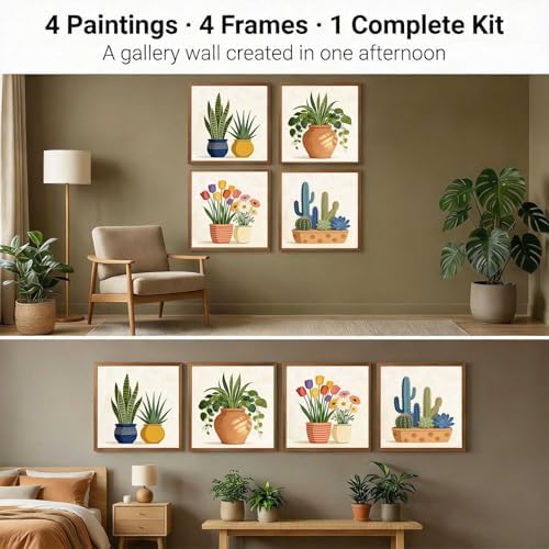 Amphol Framed Paint by Numbers Kit for Adults Beginners - 4 Pack 10”x10” Easy Plant Potted Paint by Number on Framed Canvas, DIY Small Frame Painting Arts with Acrylic Paints for Home Wall Decor Gift - Image 3