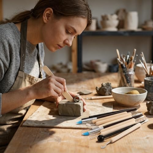 Kenaeooe 42 PCS Pottery Tools Kit Professional Clay Sculpting Tools Set with Leather Roll Bag for Polymer Clay, Ceramic, Modeling, Carving, Trimming, and Shaping for Artists and Beginners - Image 5
